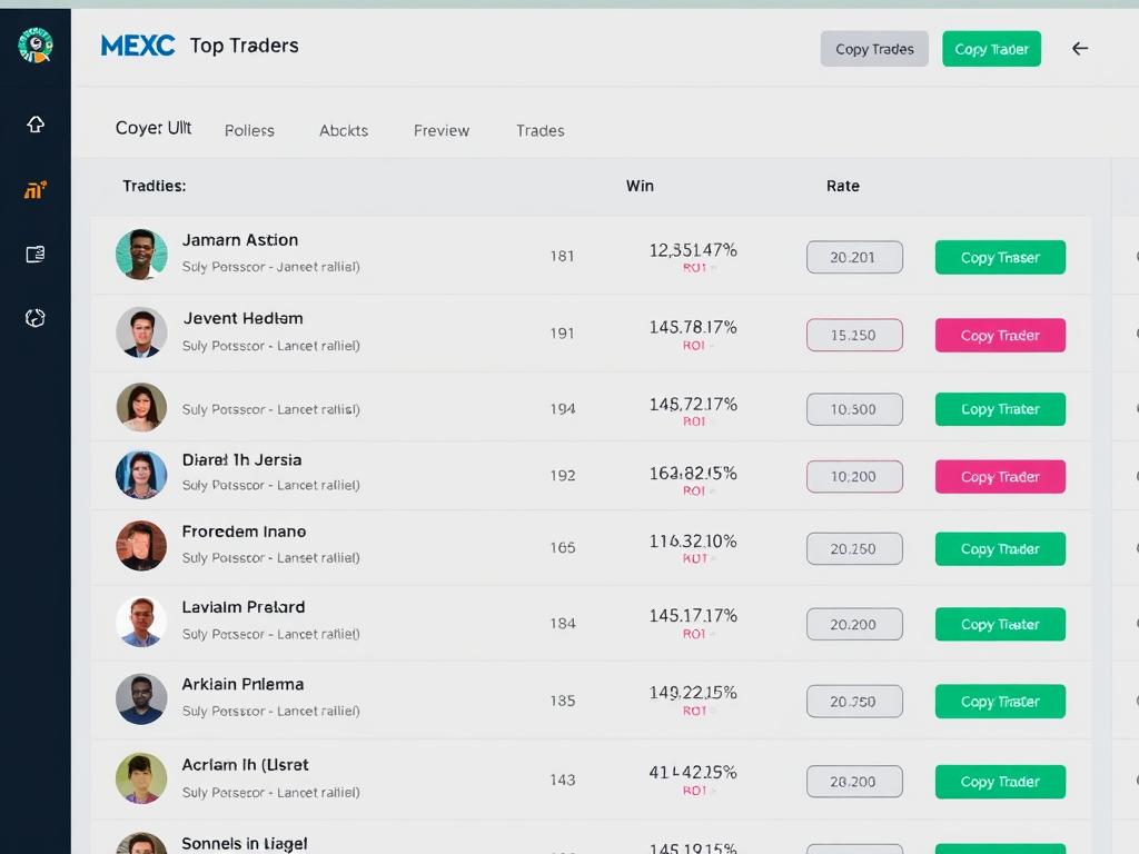 MEXC copy trading interface showing trader performance metrics