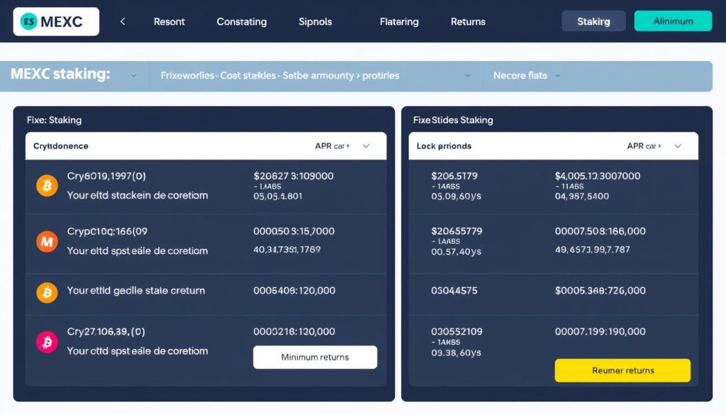 MEXC staking page showing various staking options and APR rates