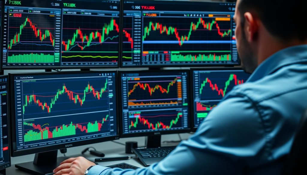 Trader analyzing crypto market index charts for investment decisions Trader analyzing crypto market index charts for investment decisions