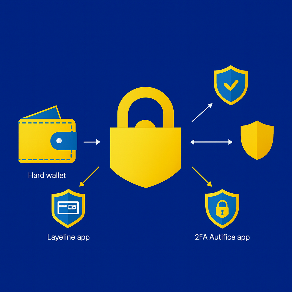 Advanced cryptocurrency security solutions with hard wallet, 2FA authentication app, and encryption technology to protect digital assets and ensure safe crypto trading.