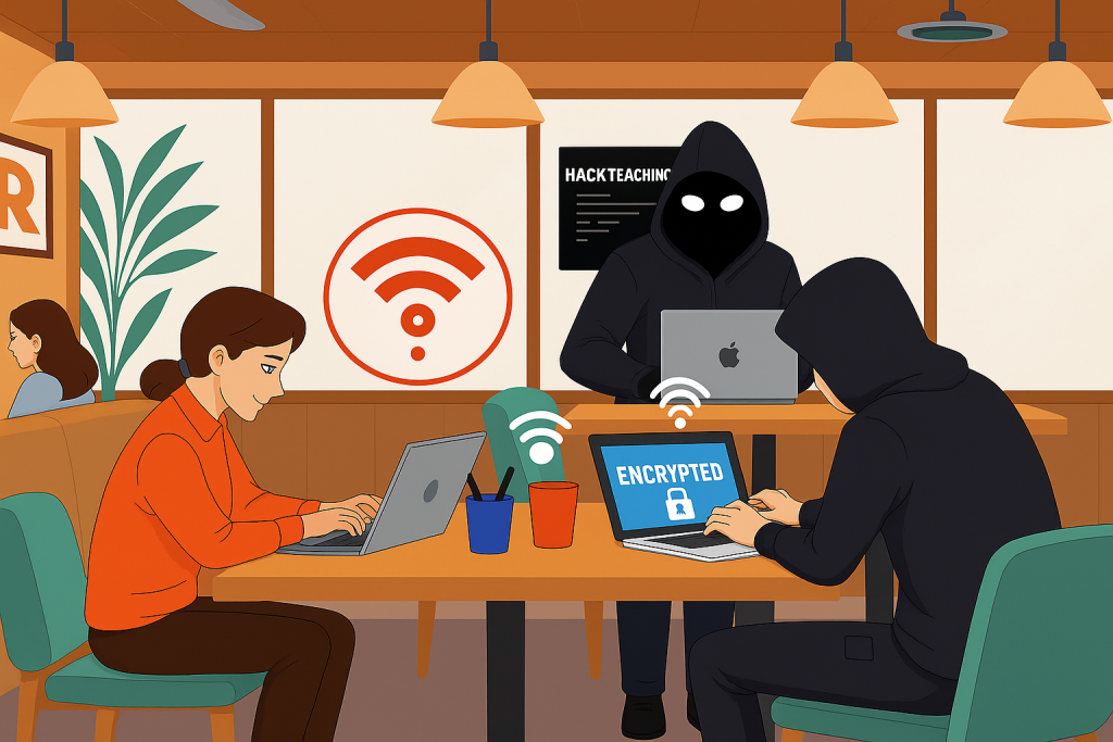Encrypted Wi-Fi connection securing cryptocurrency transactions and protecting against the dangers of public Wi-Fi crypto transactions.