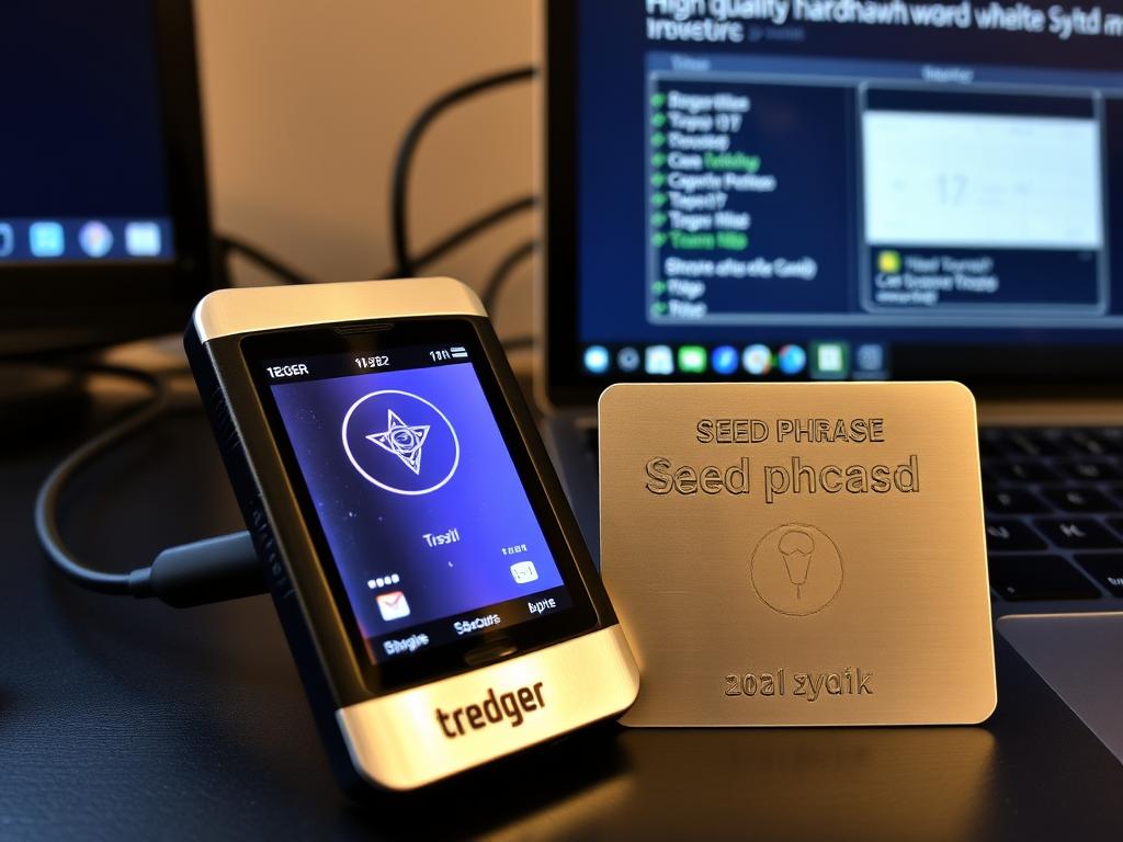 Illustration of Trezor hardware wallet with metal seed phrase storage plate, a cold storage solution for securing cryptocurrency private keys