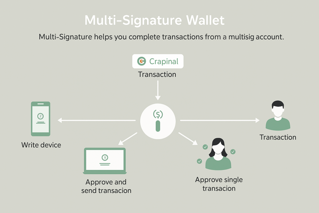 How a multi-signature wallet works in cryptocurrency security, with VPN encryption, multiple approvals, and multisig transaction process
