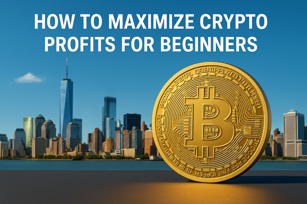 How to maximize crypto profits for beginners with Bitcoin in front of New York City skyline