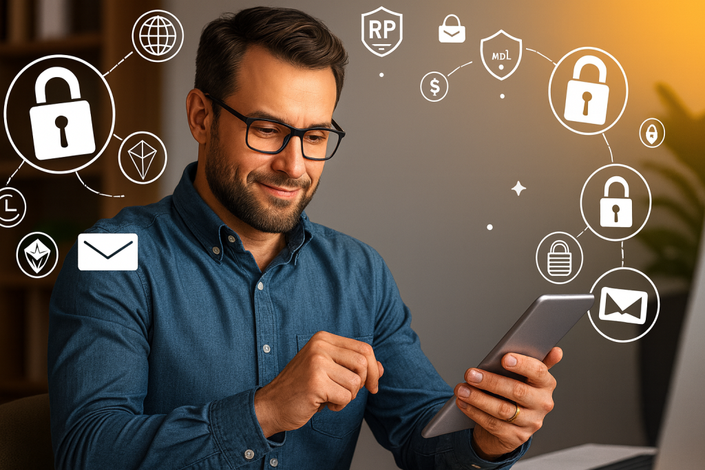 Illustration of a secure cryptocurrency setup with digital devices, blockchain icons, and data protection elements, symbolizing safe crypto transactions